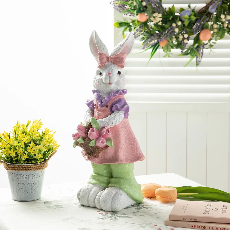 Glitzhome® 17.5" Easter Bunny Girl with Flower Basket Table Décor