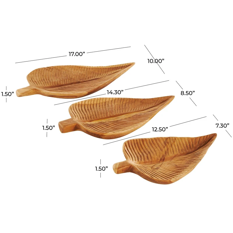 Brown Teak Wood Leaf Handmade Carved Texture Tray Set