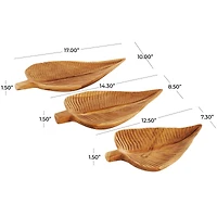 Brown Teak Wood Leaf Handmade Carved Texture Tray Set