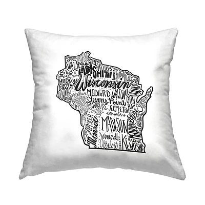 Stupell Industries Wisconsin State Outline Shape Typography Cities Throw Pillow, 18" x 18"