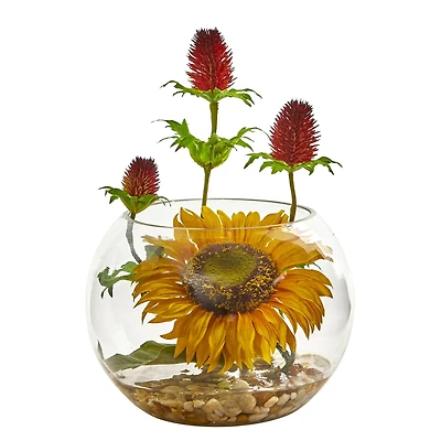 11" Sunflower & Red Thistle Arrangement in Bowl Vase