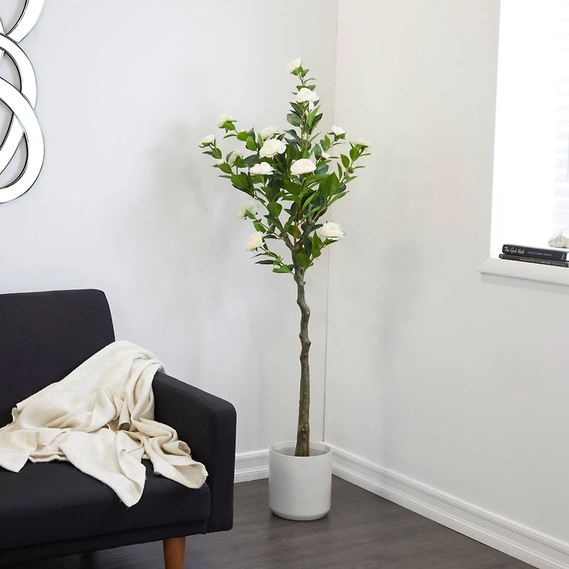 4.5ft. Green Faux Camellia Foliage Artificial Tree with Black Plastic Pot