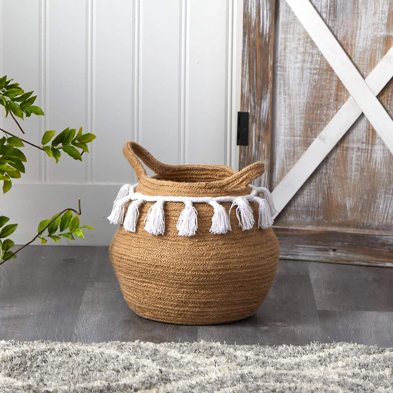 11" Boho Chic Handmade Natural Cotton Woven Basket Planter with Tassels