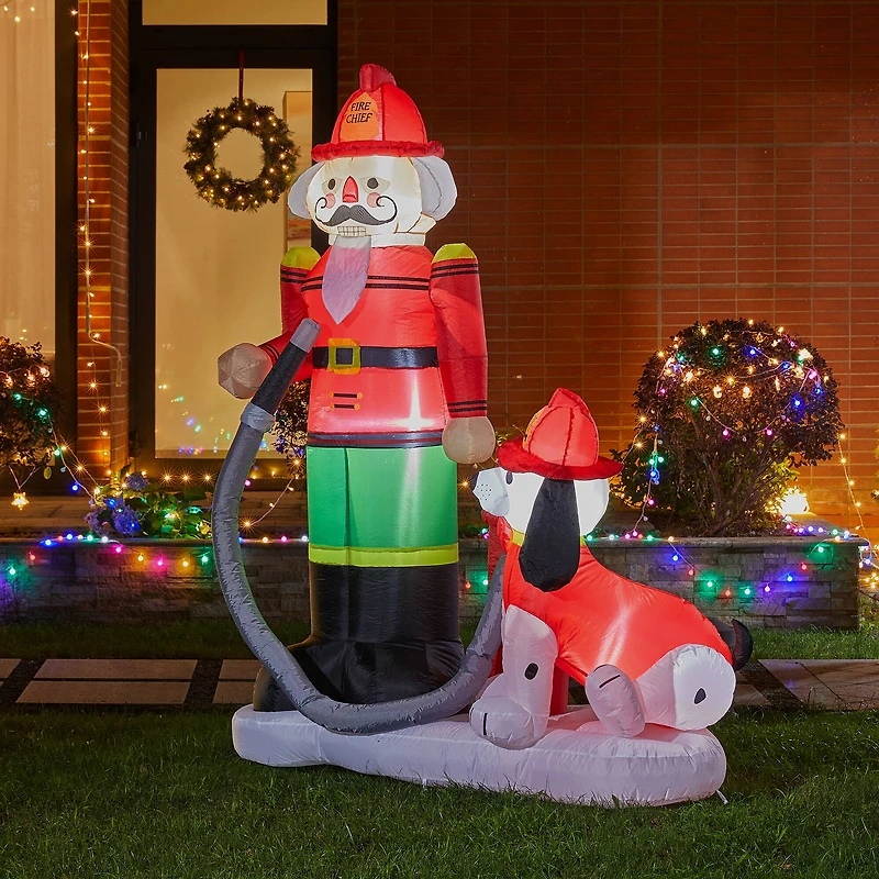 Glitzhome® 7ft. Inflatable Fire Fighter & Puppy Dog With Lights