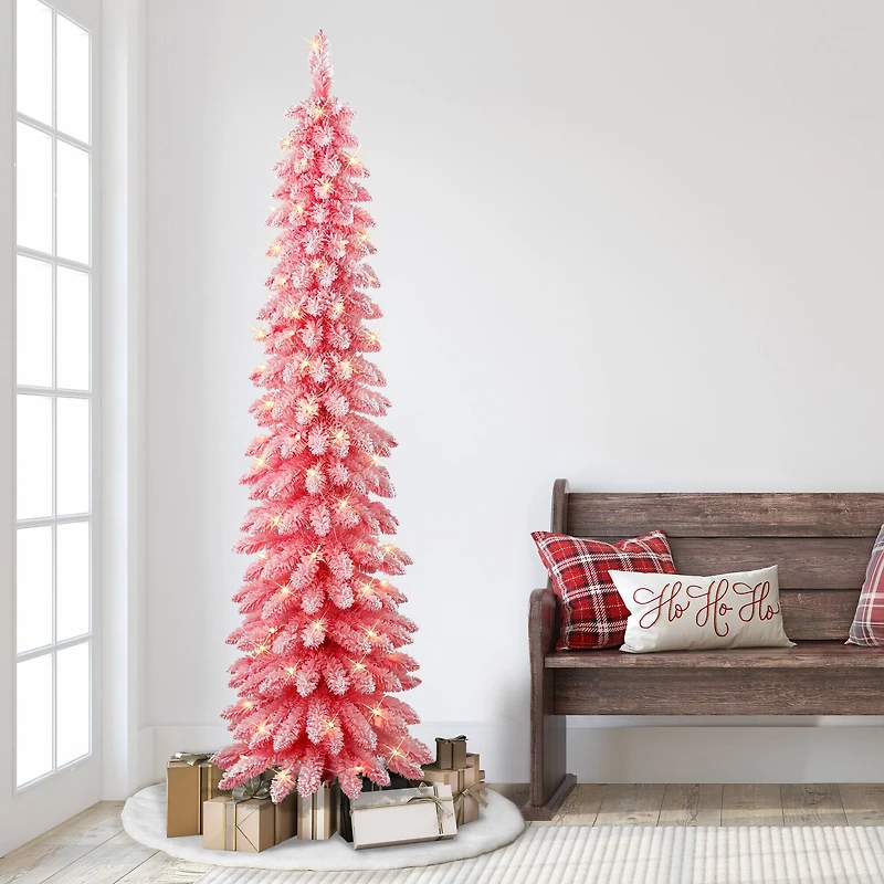 7ft. Pre-Lit Flocked Artificial Alpine Pencil Tree