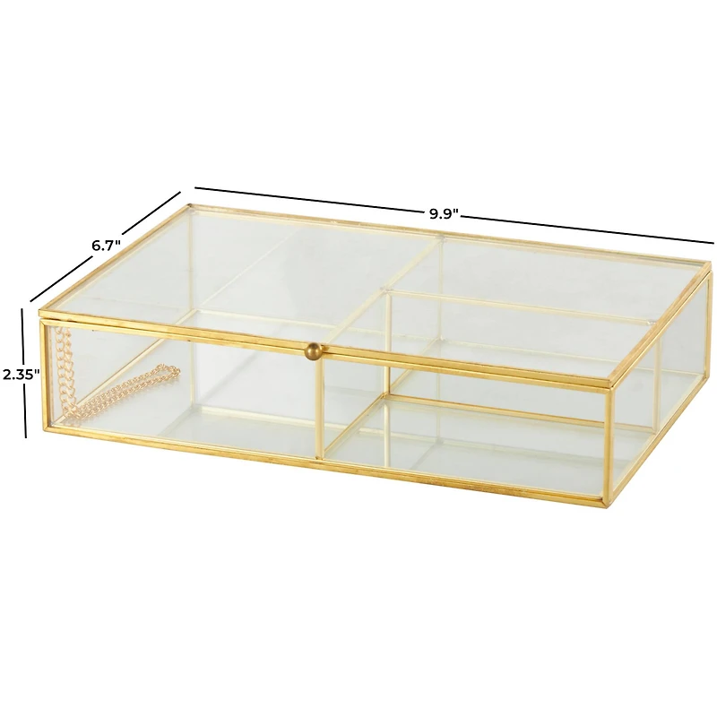 10" x 7" x 2" Clear & Gold 3-Slot Glass & Metal Jewelry Box with Chain Accent