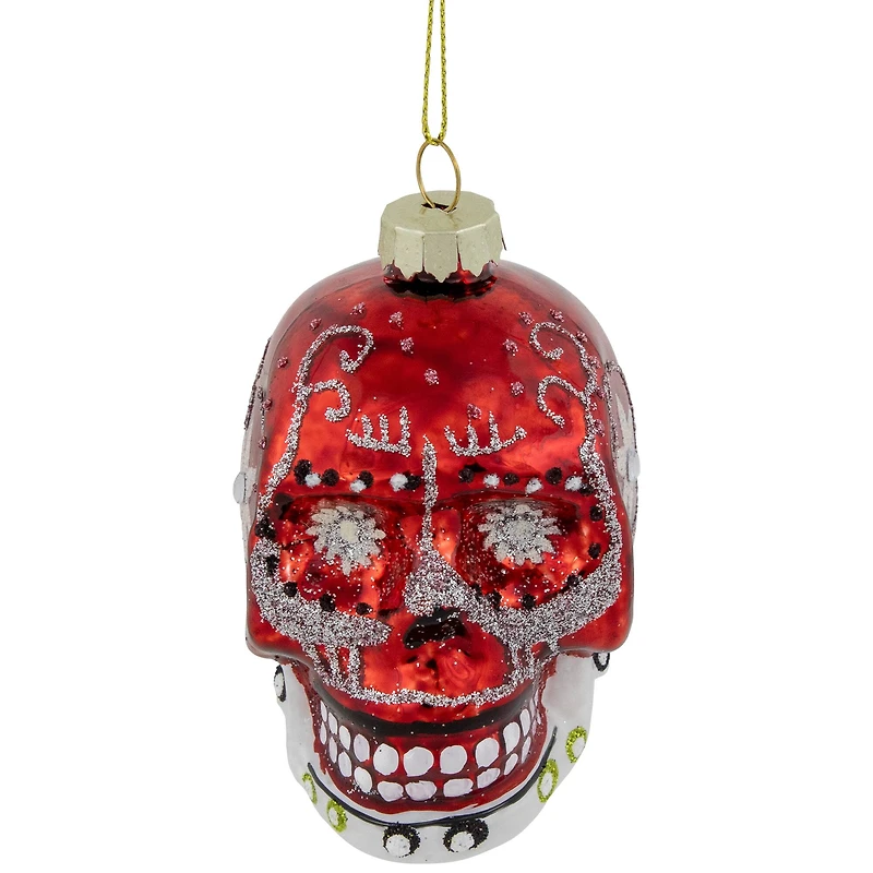 Day of the Dead Skull Head Glitter Glass Christmas Ornament - 3.5" - Red