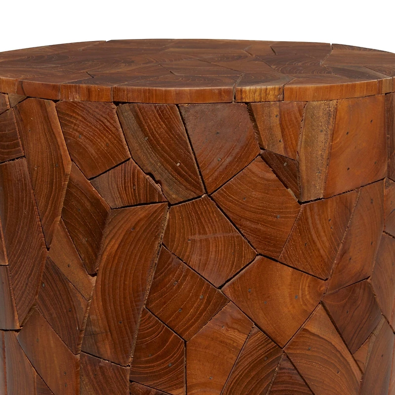 16.5" Round Block-Style Brown Teak Wood Mosaic Side Table