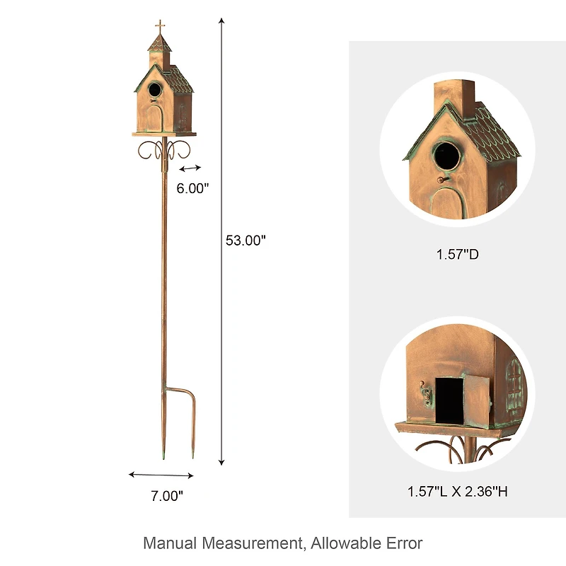 Glitzhome® 4ft. Faux Copper Distressed Metal Church Birdhouse with Stake