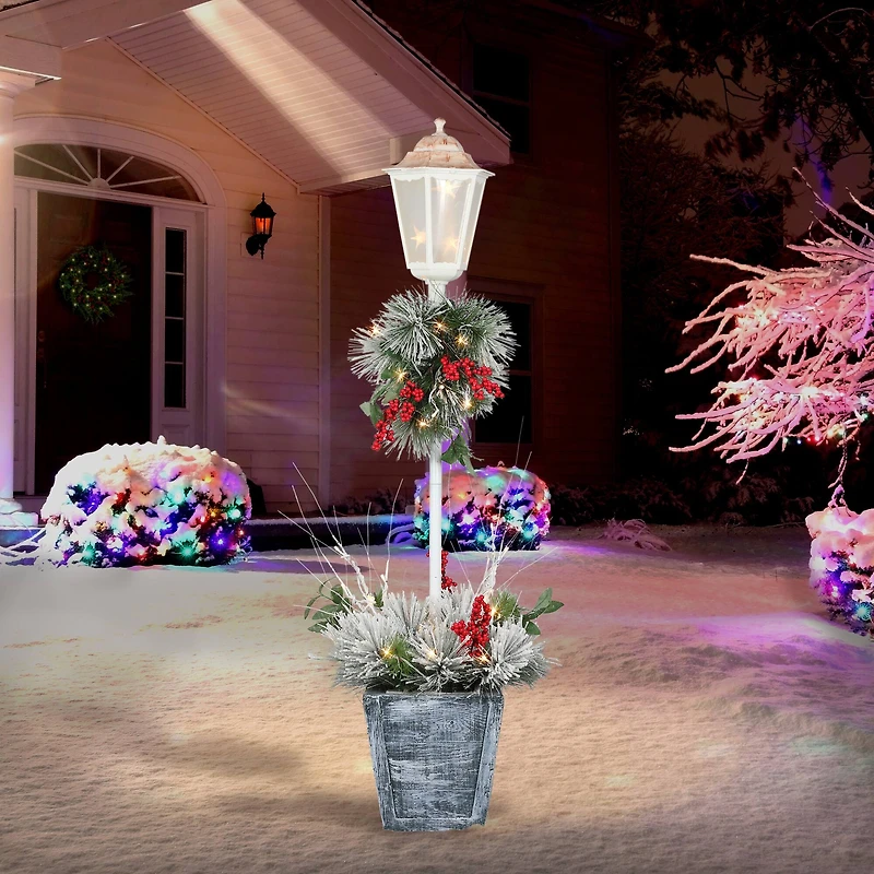 4ft. Pre-Lit Flocked Artificial Pine Lamp Post, Warm White LED Lights