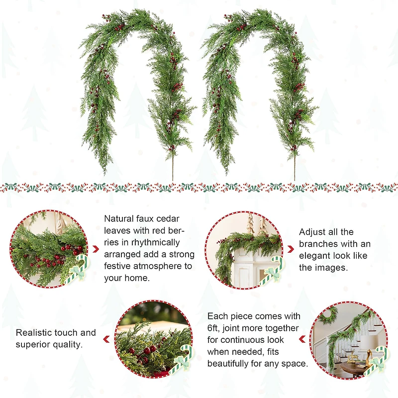 Glitzhome® 6ft Christmas Greenery PE Cedar Garland with Red Berries, 2ct.