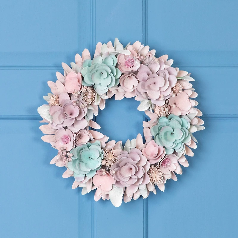 13.5" Wooden Floral Artificial Spring Wreath with Thistles