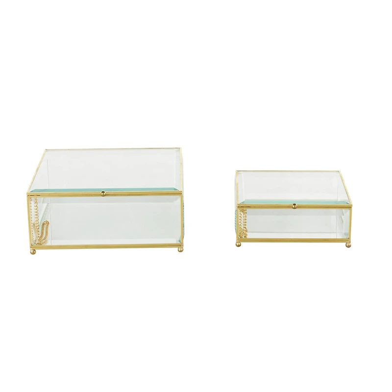 Clear & Gold Beveled Glass & Metal Square Footed Jewelry Box with Chain Accent Set
