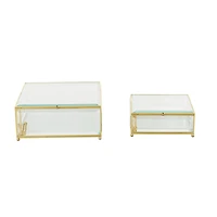 Clear & Gold Beveled Glass & Metal Square Footed Jewelry Box with Chain Accent Set