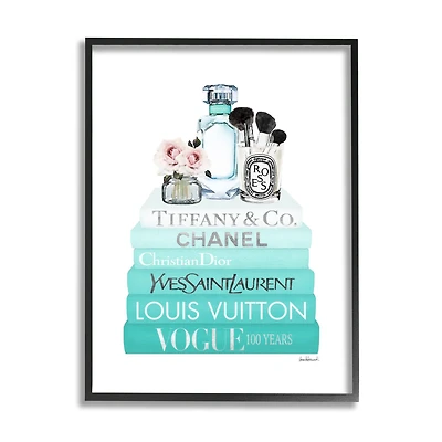 Stupell Industries Glam Fashion Cosmetics Soft Roses Blue Bookstack Framed Wall Art