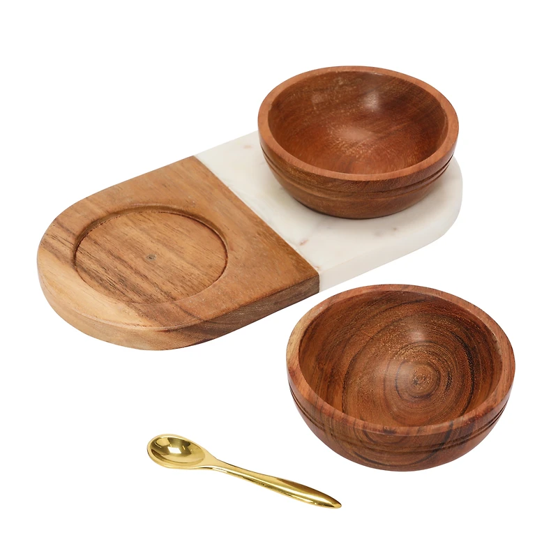 Hello Honey® Acacia Wood & Marble Tray with Acacia Wood Bowl Set