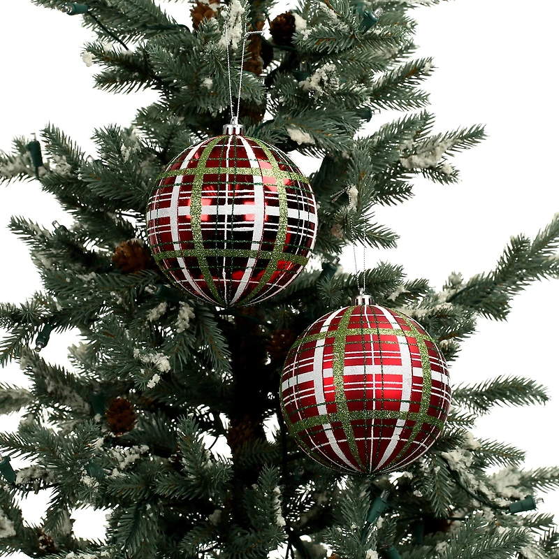 2 Pack 4.7" Red, Green & White Plaid Shatterproof Ball Ornaments by Ashland®