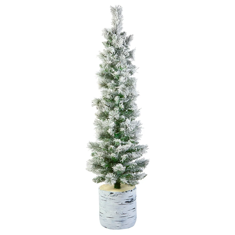 4.5ft. Pre-Lit Snowy Methow Pencil Artificial Christmas Entrance Tree in White Ceramic Base, Warm White LED Lights