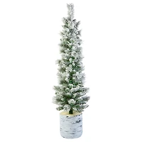4.5ft. Pre-Lit Snowy Methow Pencil Artificial Christmas Entrance Tree in White Ceramic Base, Warm White LED Lights