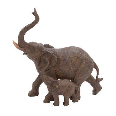 11" Brown Eclectic Polystone Elephants Sculpture
