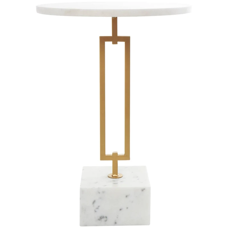 White Marble Geometric Accent Table with Gold Metal Rectangular Stand