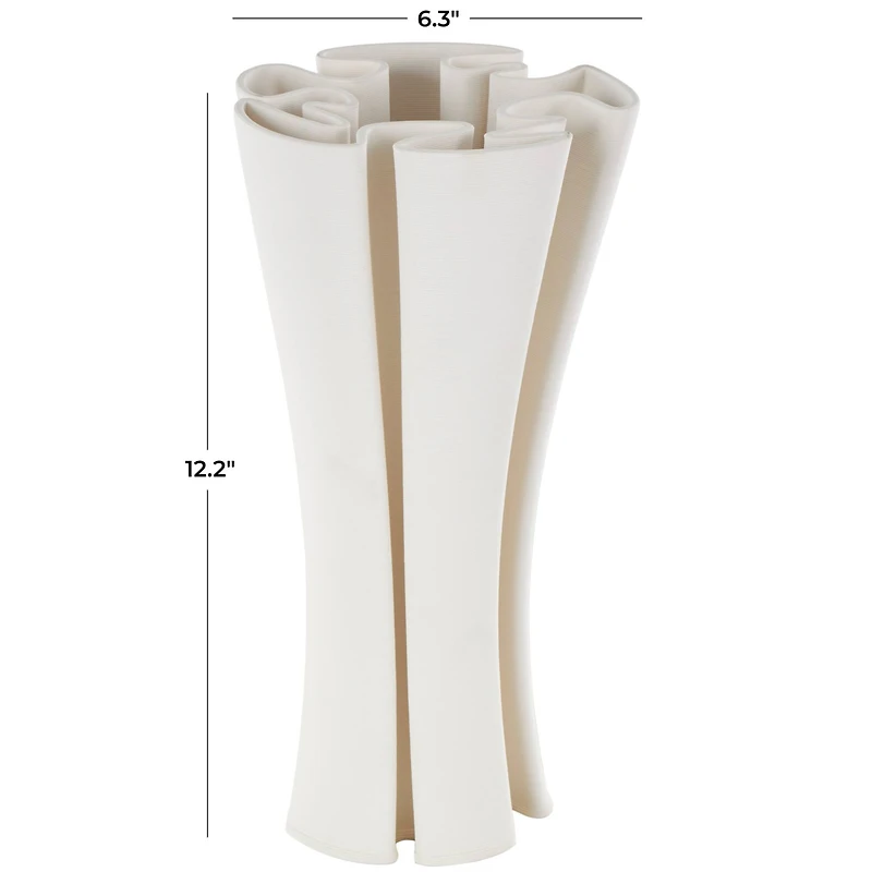 White Ceramic Abstract Ribbed Dimensional Folded Vase with Curvy Rim