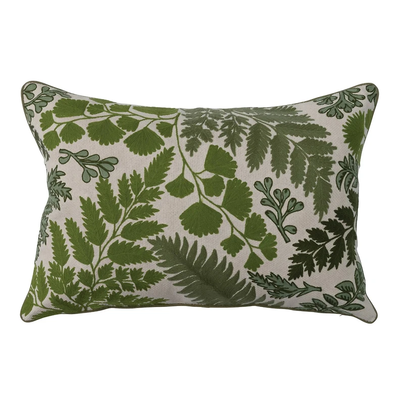 Green & White Botanical Embroidered Lumbar Pillow