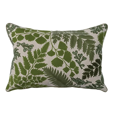 Green & White Botanical Embroidered Lumbar Pillow