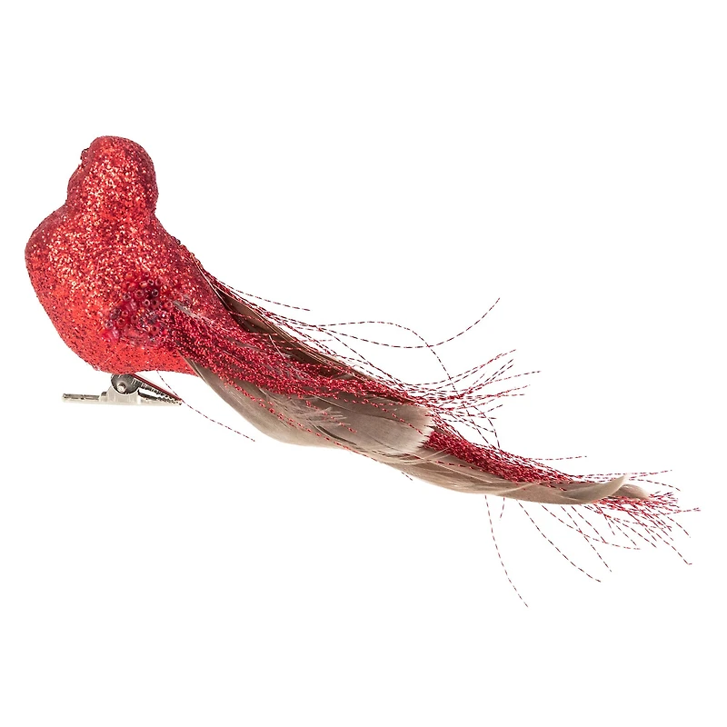 Glittered Bird with Feather Tail Christmas Clip Ornament - 7" - Red