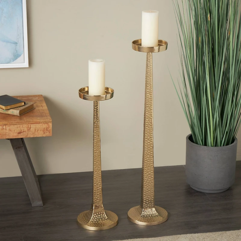 Gold Aluminum Tall Hammered Candle Holder Set