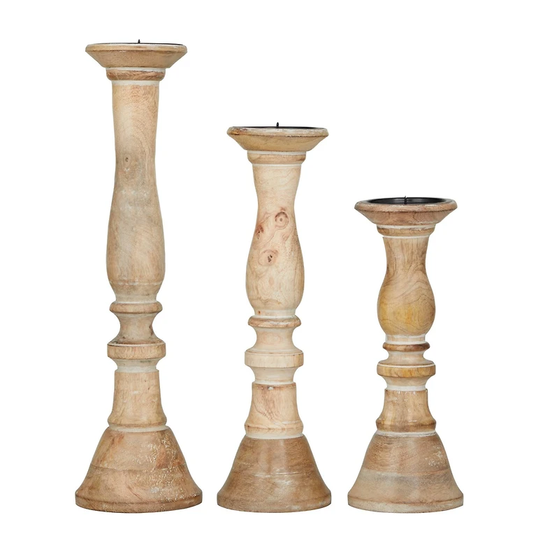 Light Brown Wood Candle Holder Set