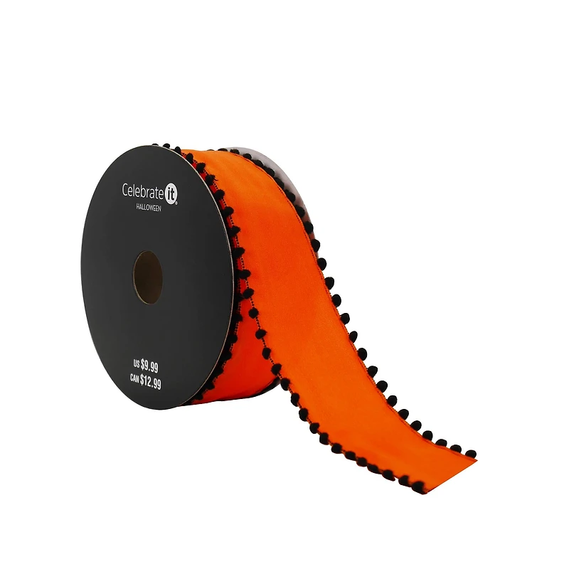 1.5" x 10yd. Orange & Black Pom Pom Edge Wired Taffeta Ribbon by Celebrate It® Halloween