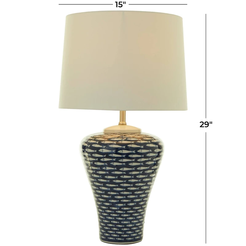 Dark Blue Ceramic Gourd Style Base Fish Table Lamp with Drum Shade 15" x 15" x 29"