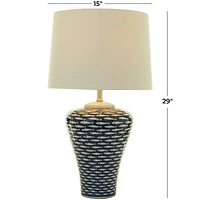 Dark Blue Ceramic Gourd Style Base Fish Table Lamp with Drum Shade 15" x 15" x 29"