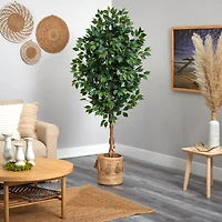 6ft. Ficus Artificial Tree with Natural Trunk in Handmade Natural Jute Planter with Tassels