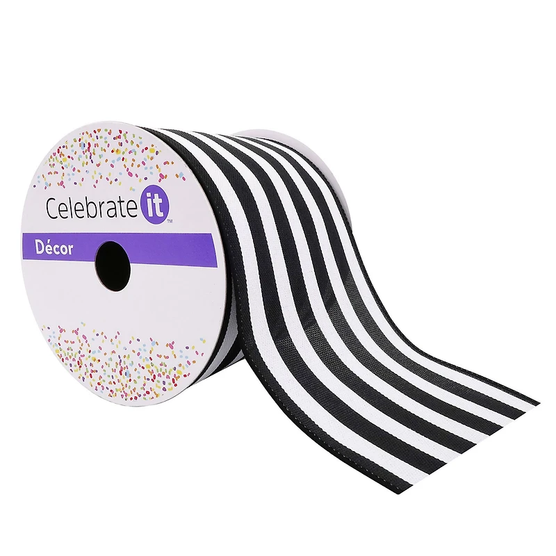4" x 18ft. Faux Linen Wired Black & White Stripe Ribbon by Celebrate It™