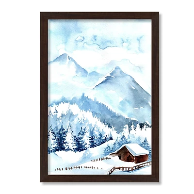 Snowy Cabin Watercolor Black Framed Print Under Plexiglass