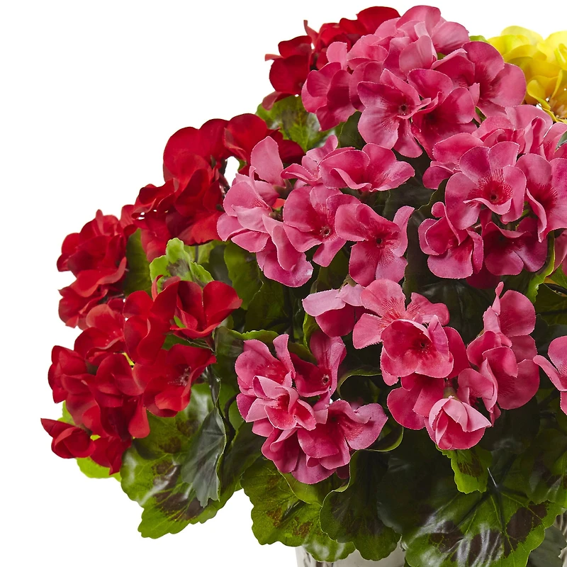 18.5" Yellow, Red & Pink UV Resistant Geranium Arrangement with White Metal Planter