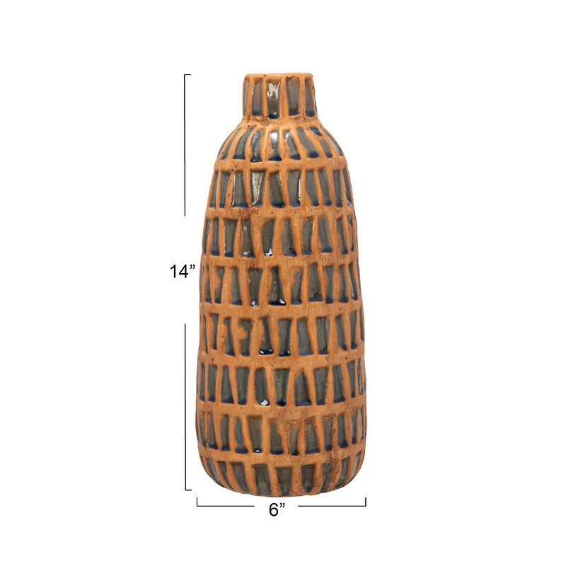 Hello Honey® 14" Natural & Blue Debossed Terra Cotta Vase