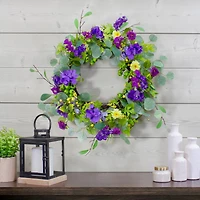 23" Purple & Yellow Eucalyptus & Hydrangea Floral Berry Spring Wreath
