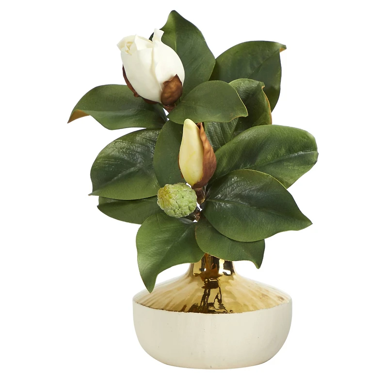 15" Magnolia Plant in Gold & Cream Elegant Planter