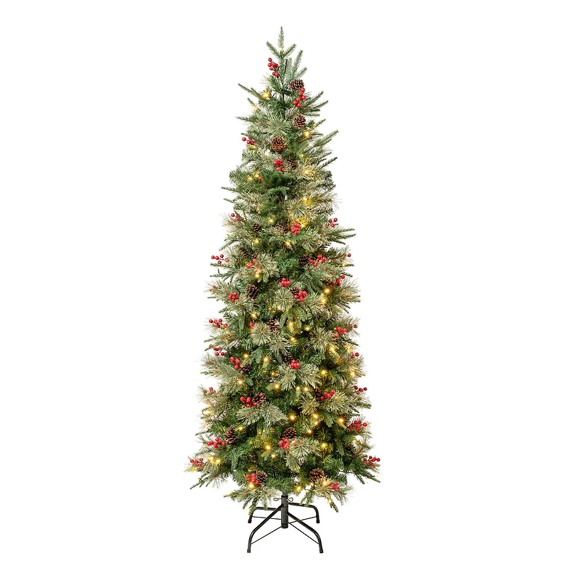 6ft. Pre-Lit Feel-Real® Virginia Pine Slim Artificial Christmas Tree with Berries & Pinecones, Warm White LED Lights