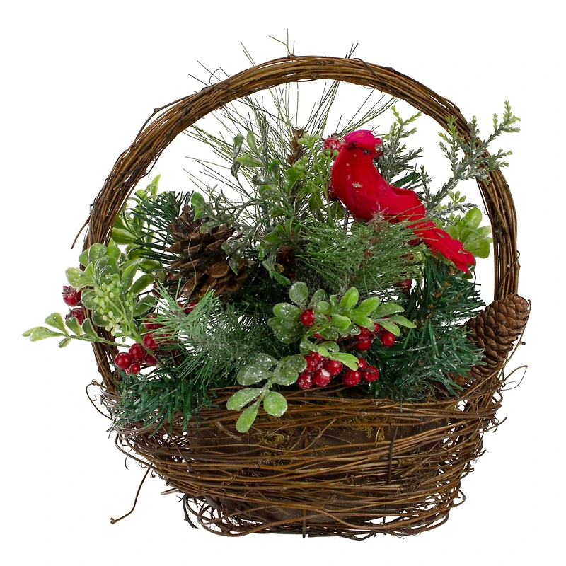 12" Red Cardinal with Foliage in Twig Basket Decoration