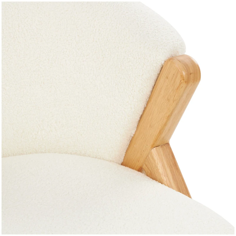 White Polyester Rounded Boucle Accent Chair with Angled Wooden Legs