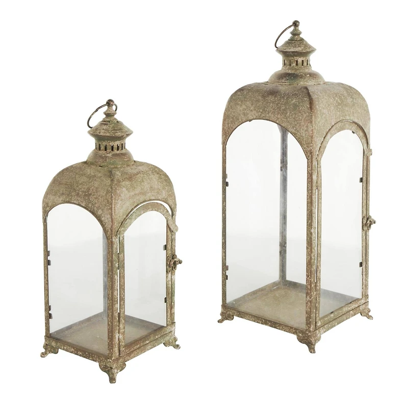Brown Distressed Arched Panel Candle Lantern Set