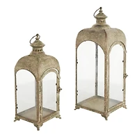 Brown Distressed Arched Panel Candle Lantern Set