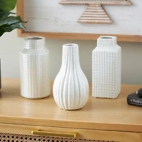 8" Cream Ceramic Geometric Textured Vase Set