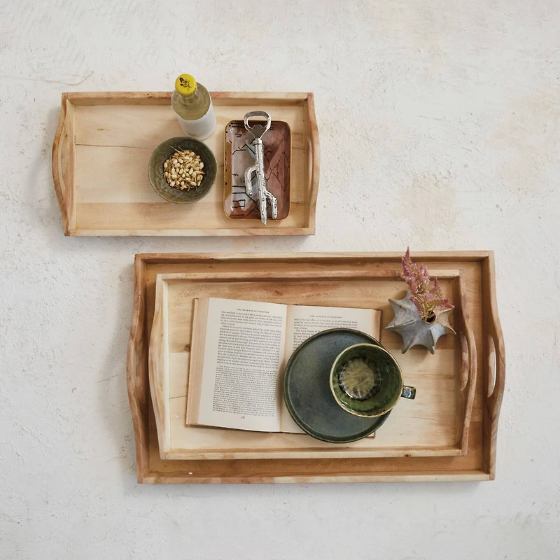 Hello Honey® Natural Rectangular Acacia Wood Handled Stacking Tray Set