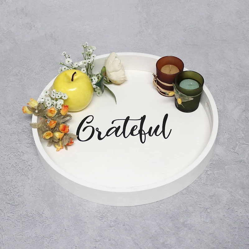 Elegant Designs™ 13.8" Round White Wash Grateful Serving Tray with Handles