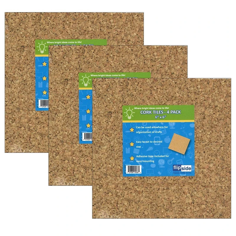 Flipside Products 6" x 6" Natural Cork Tiles, 3 Packs of 4